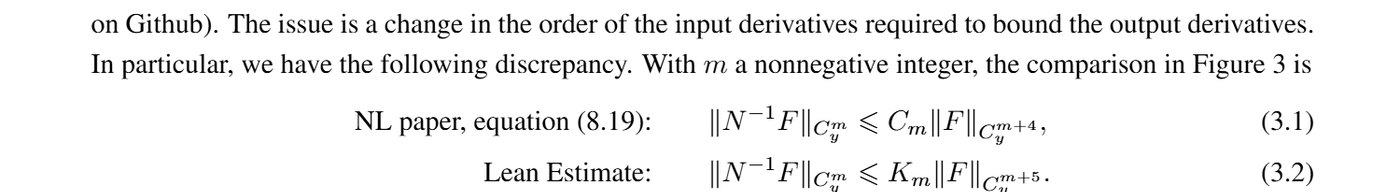 Trích từ bài báo arXiv 2610.08144: công thức (3.1) cho ước lượng trong bản văn xuôi của OpenAI cần m+4 đạo hàm của F, công thức (3.2) cho ước lượng trong mã Lean cần m+5 đạo hàm